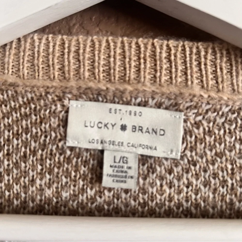 Lucky Brand Cream and Brown Camouflage Crewneck Sweater Size Large